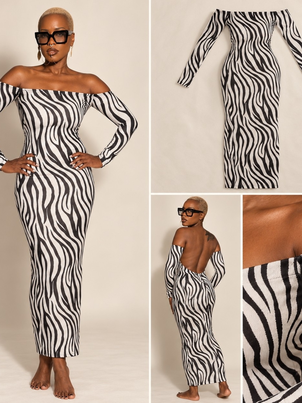 Off-Shoulder Zebra Print Maxi Dress - Black & White